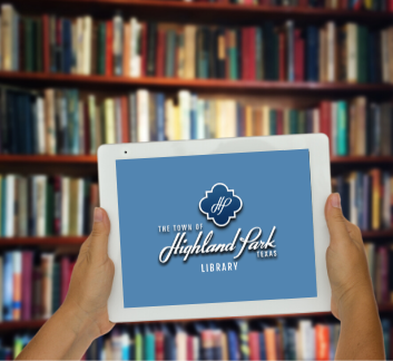 tablet with library logo in front of a bookcase