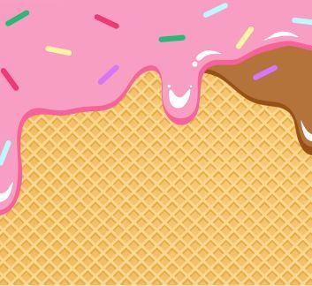 Close up image of a waffle cone pattern with pink and brown ice cream dripping down.