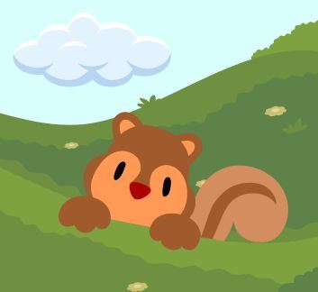 Squirrel hiding behind a hill. Grass, sky and clouds in the background.