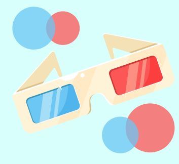 Light blue background. 3D glasses and red and blue dots in the foreground.