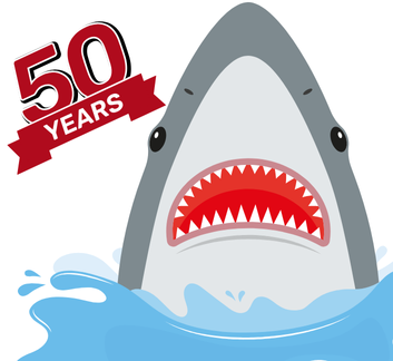 cartoon shark with mouth open coming out of water with fiftieth in red text