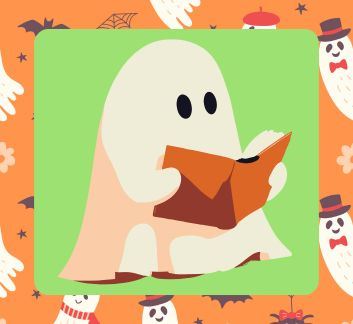 Green and orange background with ghosts. Foreground of ghost reading a book