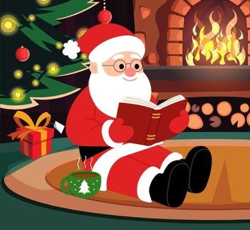 Cartoon Santa in foreground reading. Christmas tree, fireplace, and room in background.